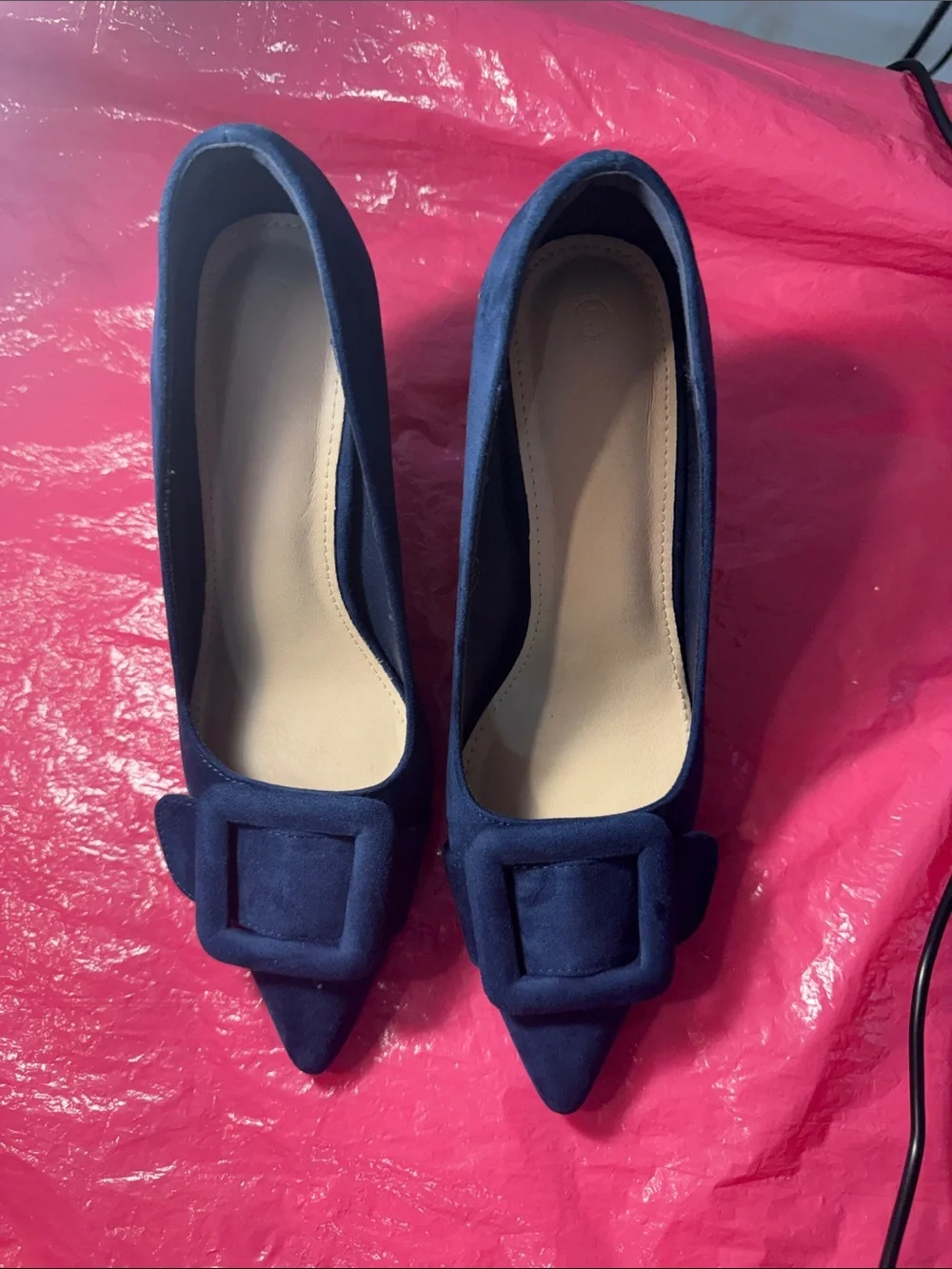 Women's Navy Pointed Toe Buckle Flats